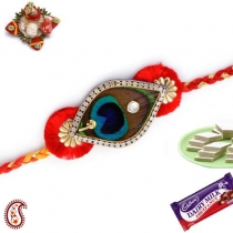 Delicate Peacock Feather Rakhi with Zircons,Fancy Rakhis, Buy Rakhi, Send Rakhi to India, Rakhi Gifts, Rakhis Online