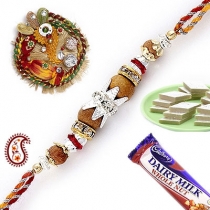 Traditional Sandalwood Rakhi with American Diamond Rings,Fancy Rakhis, Buy Rakhi, Send Rakhi to India, Rakhi Gifts, Rakhis Online