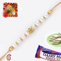 Handcrafted Pearl Rakhi with American Diamonds and Golden Beads,Pearl Rakhis, Buy Rakhi, Send Rakhi to India, Rakhi Gifts, Rakhis Online
