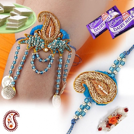 Bhaiya-Bhabhi Zardosi Rakhi Pair - Bajubandh and Rakhi