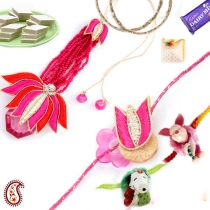 Pink Orange Family Rakhi Set with Resham Work,Family Rakhi Set, Buy Rakhi, Send Rakhi to India, Rakhi Gifts, Rakhis Online