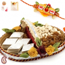 Handcrafted Cane Tray with Katli Dryfruits and FREE Rakhi,Rakhi Sweets, Buy Rakhi, Send Rakhi to India, Rakhi Gifts, Rakhis Online