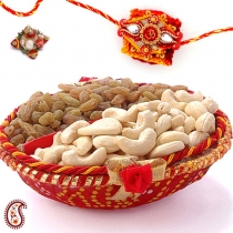 Handcrafted Cane Bowl with Dryfruits and FREE Rakhi and Tilak,Rakhi with Dryfruits, Buy Rakhi, Send Rakhi to India, Rakhi Gifts, Rakhis Online