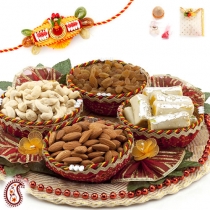 Handcrafted Cane Tray with kajoo rolls Dryfruits and FREE Rakhi,Rakhi Sweets, Buy Rakhi, Send Rakhi to India, Rakhi Gifts, Rakhis Online