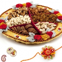 Handcrafted Cane Tray with Dryfruits and FREE Rakhi and Tilak,Rakhi with Dryfruits, Buy Rakhi, Send Rakhi to India, Rakhi Gifts, Rakhis Online