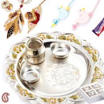 Handcrafted German Silver Thali  with Family Rakhi Set and Sweet,Rakhi Thalis, Buy Rakhi, Send Rakhi to India, Rakhi Gifts, Rakhis Online
