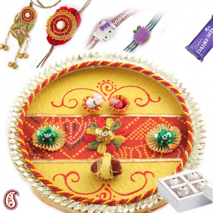 Traditional Bandhni Thali with Rakhi Set and Sweets