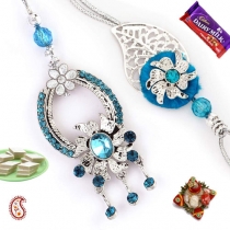 Turquoise Crystal Bhaiya-Bhabhi Rakhi Pair,Bhaiya Bhabhi Rakhi, Buy Rakhi, Send Rakhi to India, Rakhi Gifts, Rakhis Online