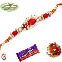 Red Crystal Rakhi With Pearls,Diamond Rakhi, Buy Rakhi, Send Rakhi to India, Rakhi Gifts, Rakhis Online