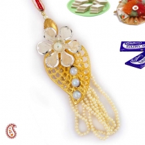Metal Flower & Leaf Lumba with Pearls,Lumba Rakhi, Buy Rakhi, Send Rakhi to India, Rakhi Gifts, Rakhis Online