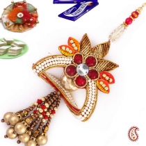 Kundan, Zardosi White Pearl Lumba,Lumba Rakhi, Buy Rakhi, Send Rakhi to India, Rakhi Gifts, Rakhis Online