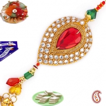 Big Red Teardrop Kundan Lumba,Lumba Rakhi, Buy Rakhi, Send Rakhi to India, Rakhi Gifts, Rakhis Online