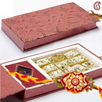 Premium Rakhi Gift Box with Kajoo Kesar Katlis,Rakhi with Hampers, Buy Rakhi, Send Rakhi to India, Rakhi Gifts, Rakhis Online
