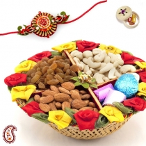 Handcrafted Cane Tray with Katli Dryfruits & FREE Rakhi & Tilak,Rakhi with Hampers, Buy Rakhi, Send Rakhi to India, Rakhi Gifts, Rakhis Online