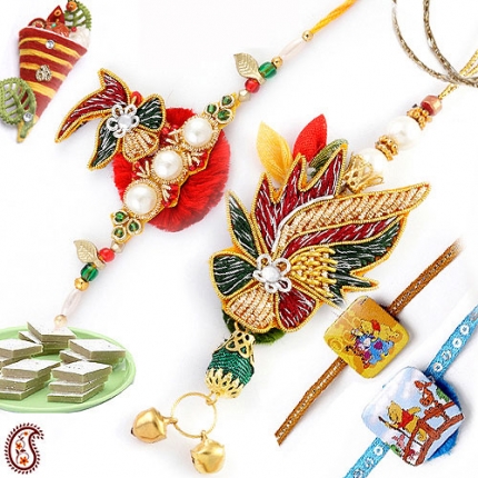 Handcrafted Zardosi Family Rakhi Set