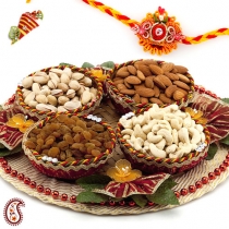 Handcrafted Cane Tray with Dryfruits And FREE Rakhi and Tilak,Rakhi with Hampers, Buy Rakhi, Send Rakhi to India, Rakhi Gifts, Rakhis Online