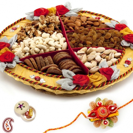 Handcrafted Cane Tray with Dryfruits And FREE Rakhi and Tilak