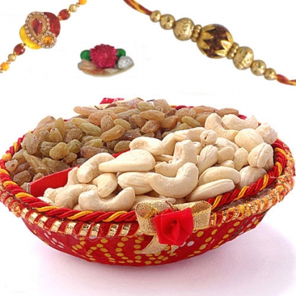 Handcrafted Cane Bowl with Dryfruits and FREE Rakhi and Tilak