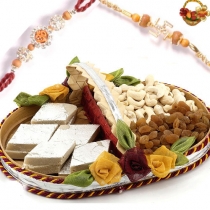 Handcrafted Cane Tray with Katli Dryfruits and 2 FREE Rakhi